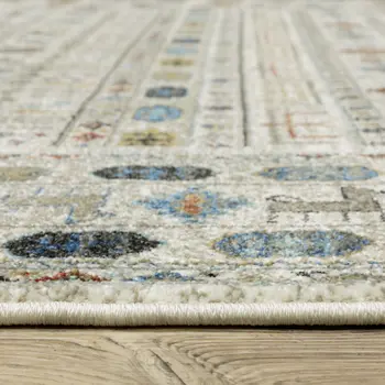 8' Ivory Teal And Gray Tribal Runner Rug