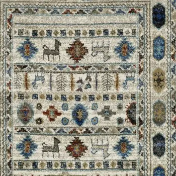 8' Ivory Teal And Gray Tribal Runner Rug