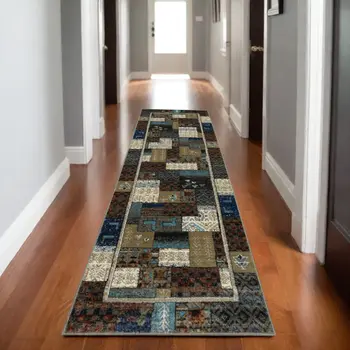 8' Brown Tan And Dark Blue Patchwork Runner Rug