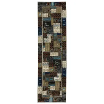 8' Brown Tan And Dark Blue Patchwork Runner Rug