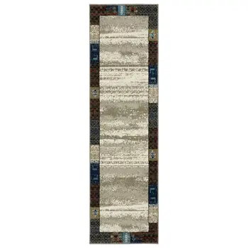 8' Beige Tan And Dark Blue Patchwork Runner Rug