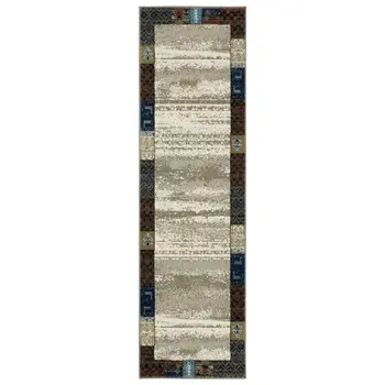 8' Beige Tan And Dark Blue Patchwork Runner Rug