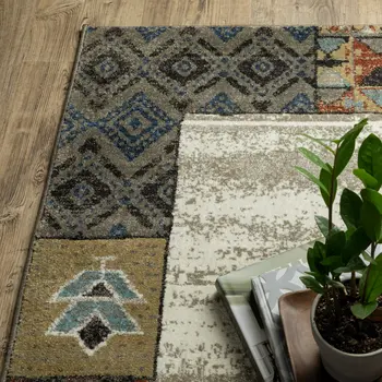 8' Beige Tan And Dark Blue Patchwork Runner Rug