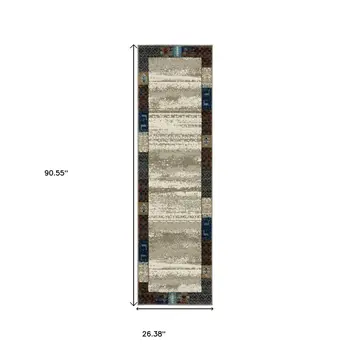 8' Beige Tan And Dark Blue Patchwork Runner Rug