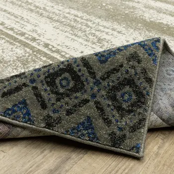 8' Beige Tan And Dark Blue Patchwork Runner Rug