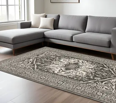 7' X 10' Gray And Ivory Oriental Area Rug