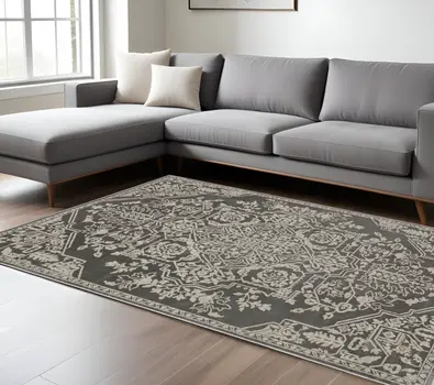 7' X 10' Gray And Light Gray Oriental Area Rug
