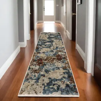 8' Beige Teal And Brown Abstract Runner Rug With Fringe