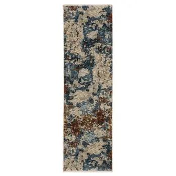 8' Beige Teal And Brown Abstract Runner Rug With Fringe