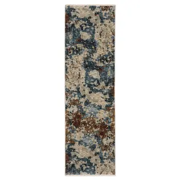 8' Beige Teal And Brown Abstract Runner Rug With Fringe