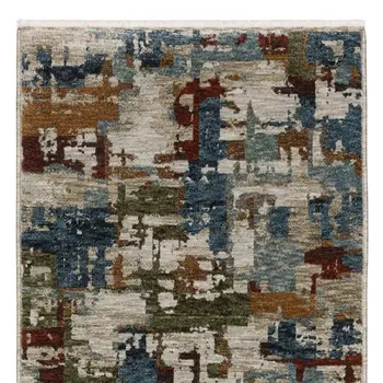 8' Beige Teal And Brown Abstract Runner Rug With Fringe