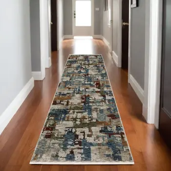 8' Beige Teal And Brown Abstract Runner Rug With Fringe