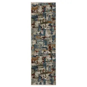 8' Beige Teal And Brown Abstract Runner Rug With Fringe