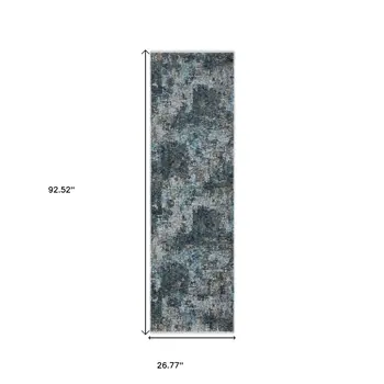 8' Blue And Gray Abstract Runner Rug With Fringe