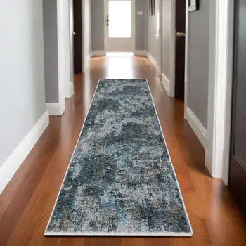 8' Blue And Gray Abstract Runner Rug With Fringe