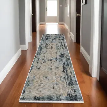 8' Beige And Blue Abstract Runner Rug With Fringe