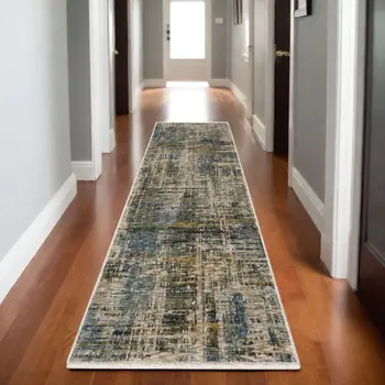 8' Blue And Gold Abstract Runner Rug With Fringe