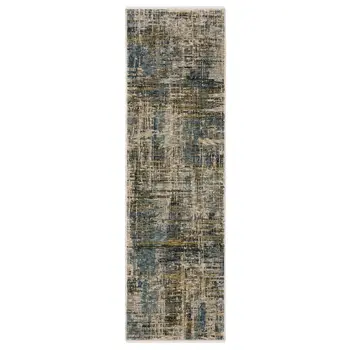 8' Blue And Gold Abstract Runner Rug With Fringe