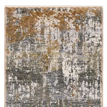 8' Gray And Gold Abstract Runner Rug With Fringe