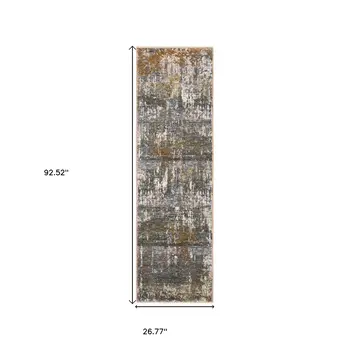 8' Gray And Gold Abstract Runner Rug With Fringe