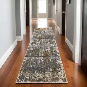 8' Gray And Gold Abstract Runner Rug With Fringe