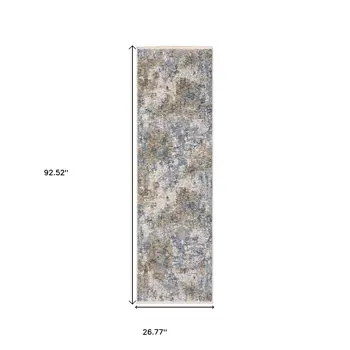 8' Beige And Blue Abstract Runner Rug With Fringe