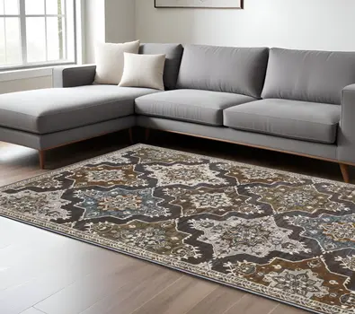 7' X 10' Gray And Blue Medallion Area Rug