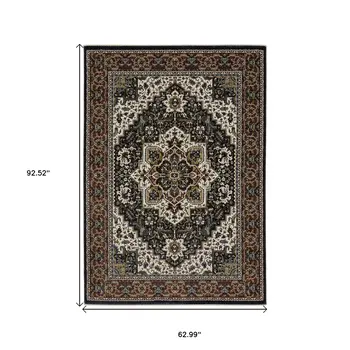 5' X 8' Navy Blue Black And Tan Medallion Area Rug With Fringe