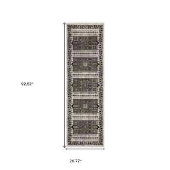 8' Ivory And Charcoal Oriental Runner Rug With Fringe