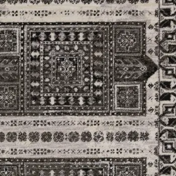 8' Ivory And Charcoal Oriental Runner Rug With Fringe