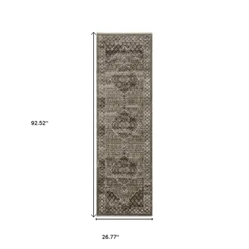 8' Gray And Beige Medallion Runner Rug With Fringe