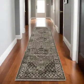 8' Gray And Beige Medallion Runner Rug With Fringe