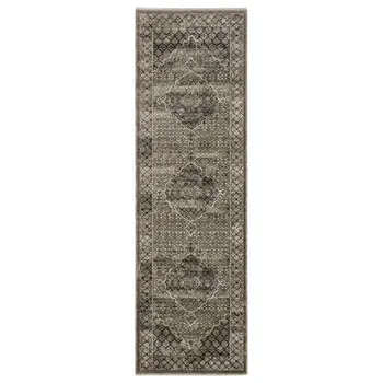 8' Gray And Beige Medallion Runner Rug With Fringe