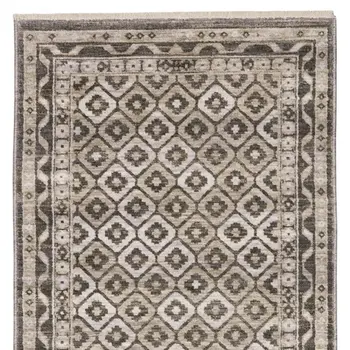 8' Gray And Beige Diamond Runner Rug With Fringe
