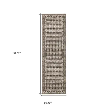 8' Gray And Beige Diamond Runner Rug With Fringe