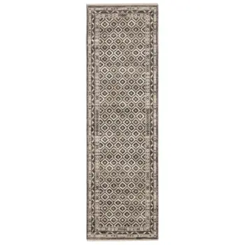 8' Gray And Beige Diamond Runner Rug With Fringe