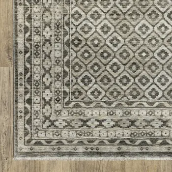 8' Gray And Beige Diamond Runner Rug With Fringe