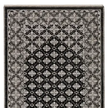 8' Black And Gray Diamond Runner Rug With Fringe