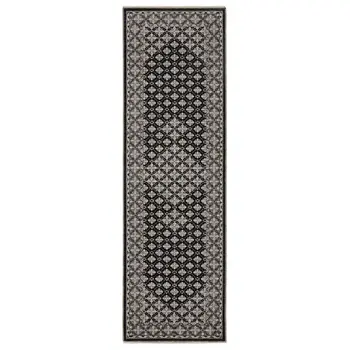 8' Black And Gray Diamond Runner Rug With Fringe