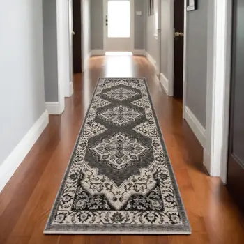 8' Gray And Beige Medallion Runner Rug With Fringe