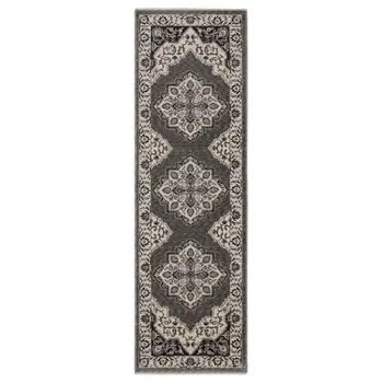 8' Gray And Beige Medallion Runner Rug With Fringe