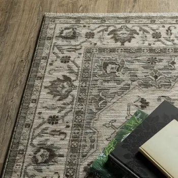 8' Gray And Beige Medallion Runner Rug With Fringe