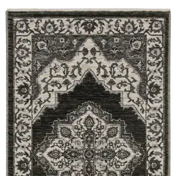 8' Charcoal And Ivory Medallion Runner Rug With Fringe