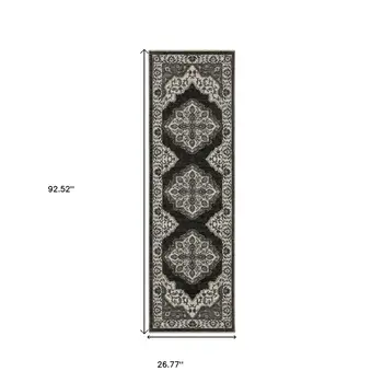 8' Charcoal And Ivory Medallion Runner Rug With Fringe