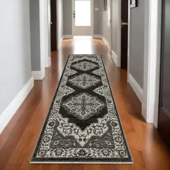8' Charcoal And Ivory Medallion Runner Rug With Fringe