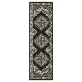 8' Charcoal And Ivory Medallion Runner Rug With Fringe