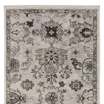 8' Ivory And Gray Oriental Runner Rug With Fringe