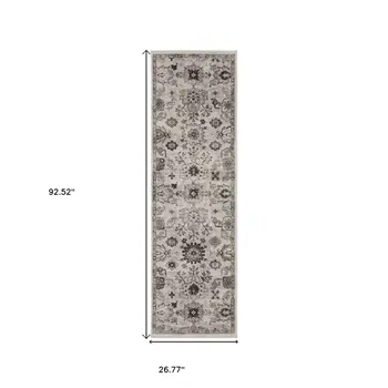 8' Ivory And Gray Oriental Runner Rug With Fringe