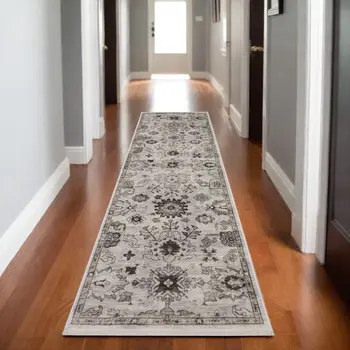 8' Ivory And Gray Oriental Runner Rug With Fringe