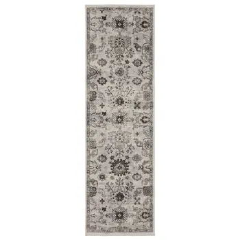 8' Ivory And Gray Oriental Runner Rug With Fringe